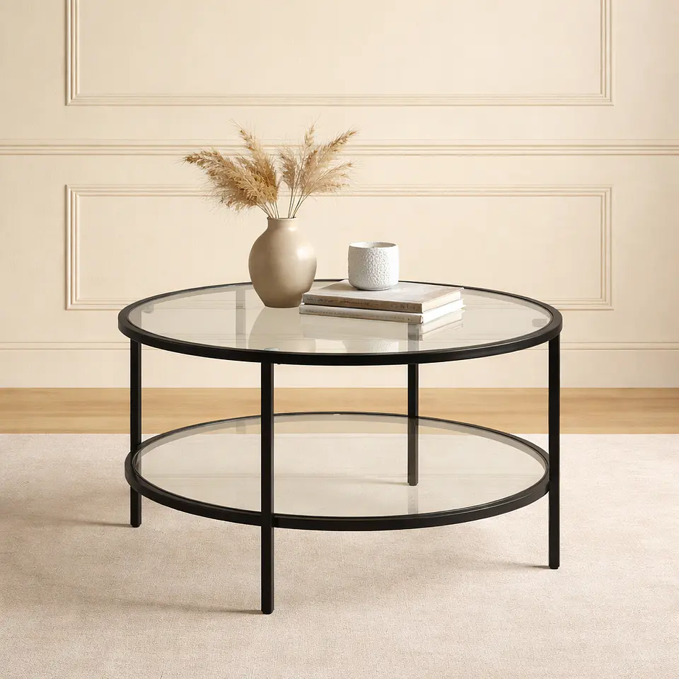 Mesa de Centro Orbe de 2 Niveles con Vidrio Templado y Metal Negro | Diseño Moderno 1