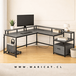 Escritorio Nova X en L Modular Expandible con Cajón – Gris Negro | MDF con Melamina