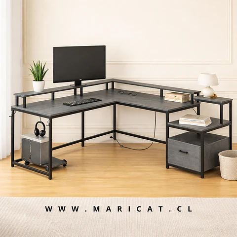 Escritorio en L para Home Office MDF Gris-Negro con Cajón Nova