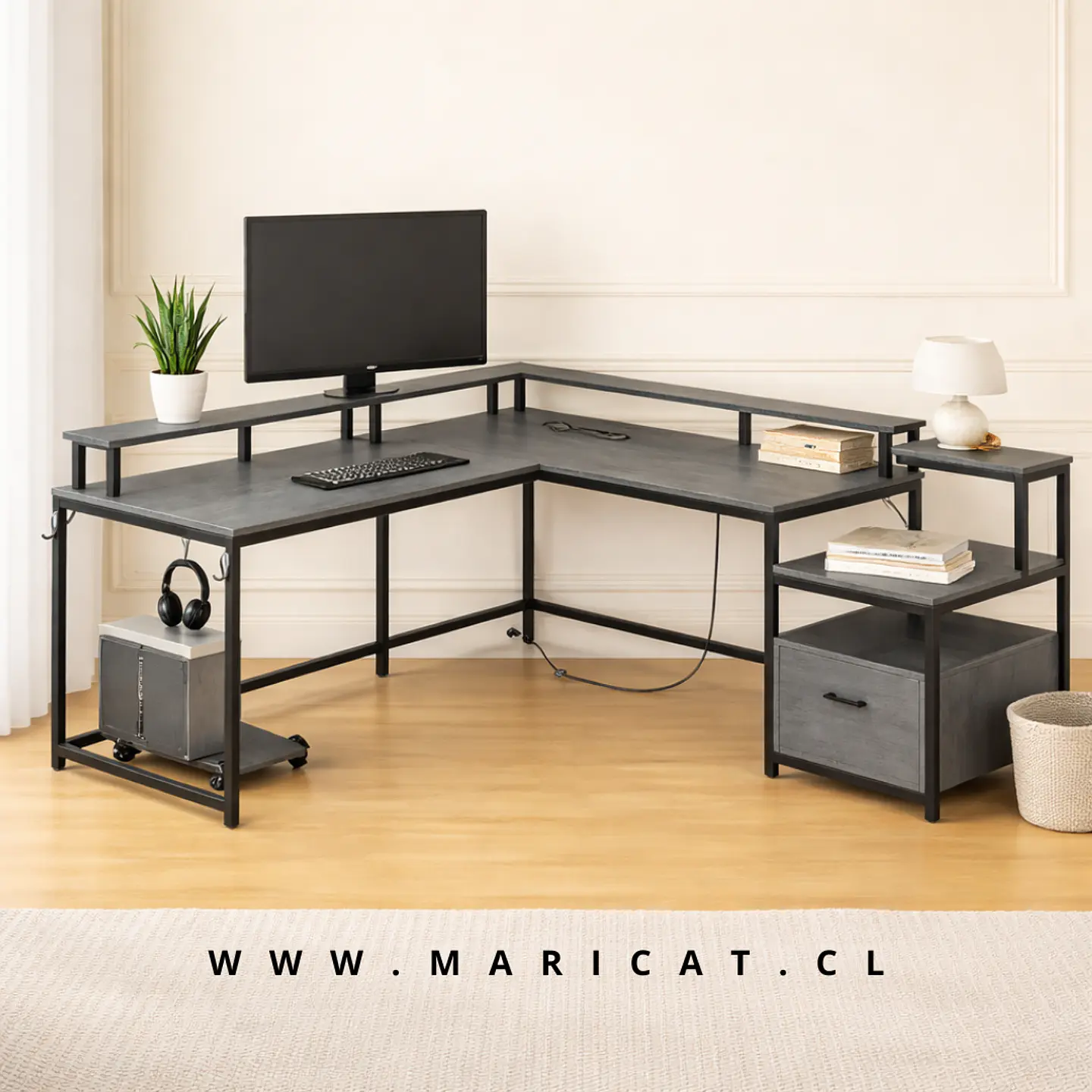 Escritorio en L para Home Office MDF Gris-Negro con Cajón Nova 1