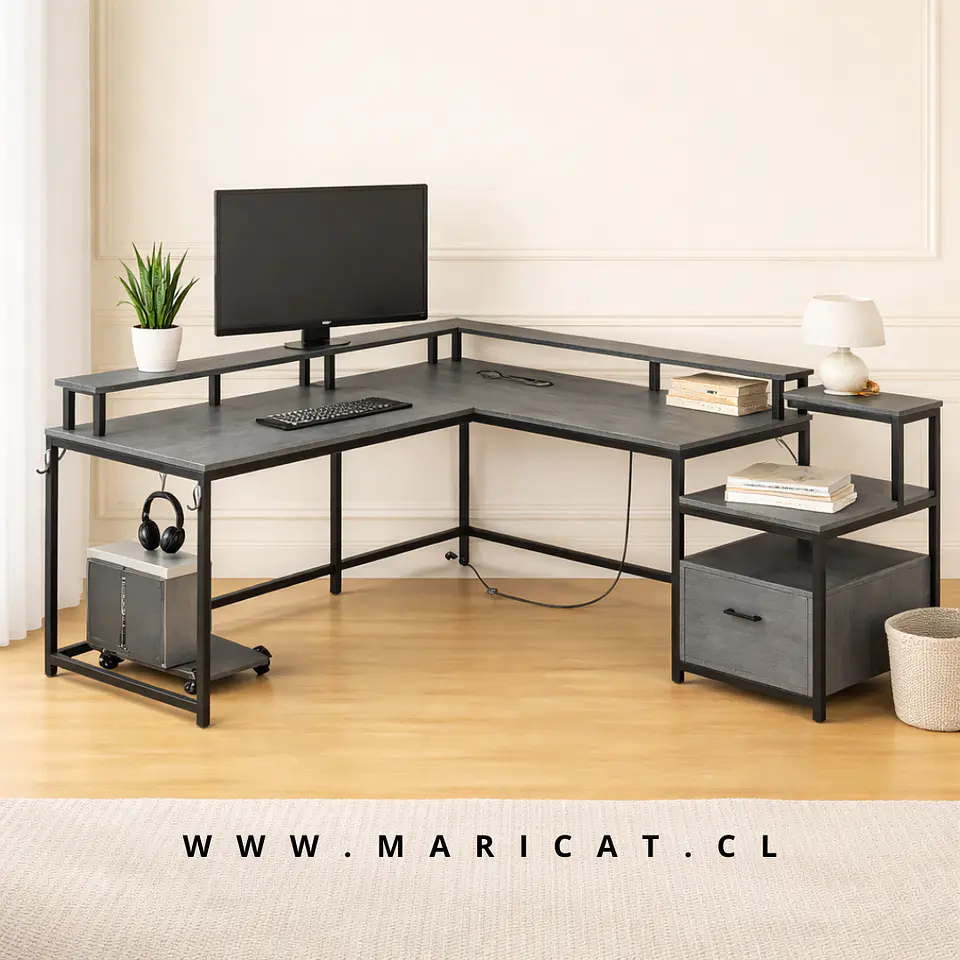 Escritorio en L para Home Office MDF Gris-Negro con Cajón Nova 1