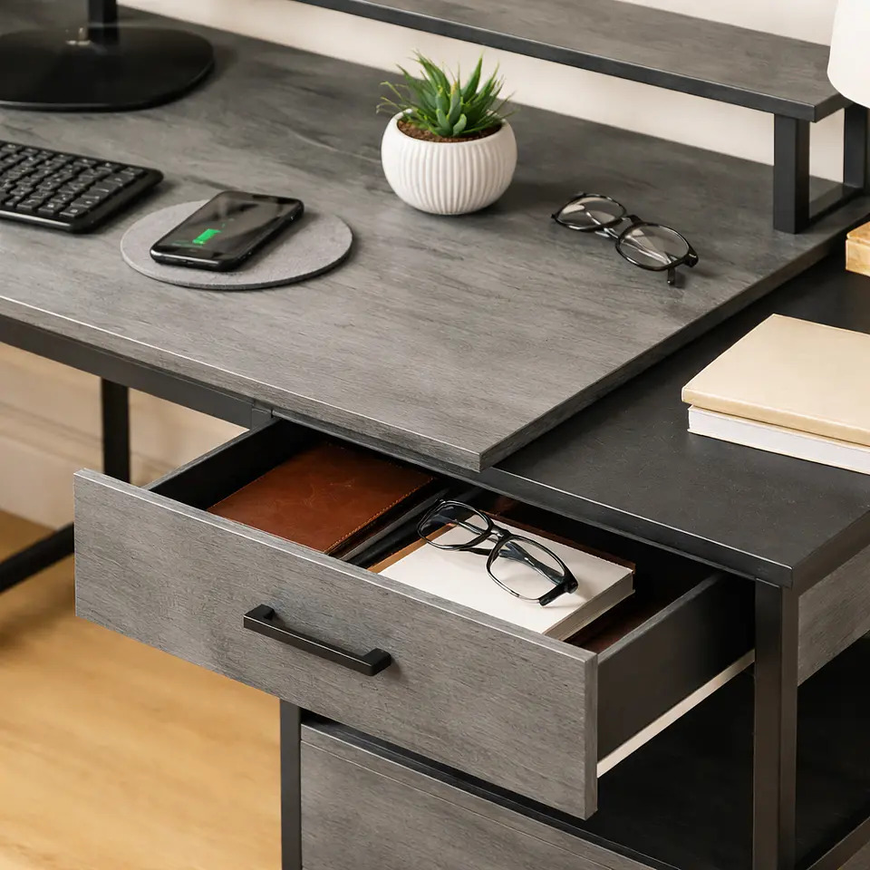 Escritorio en L para Home Office MDF Gris-Negro con Cajón Nova 2