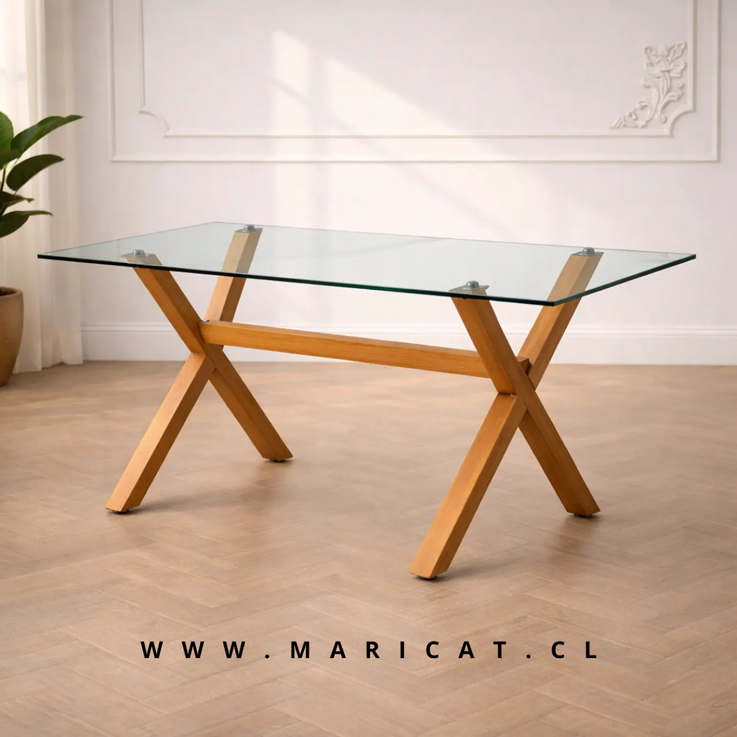 Mesa Rectangular Chile Crossback Madrid con Cubierta de Vidrio y Patas de Metal Color Madera 1