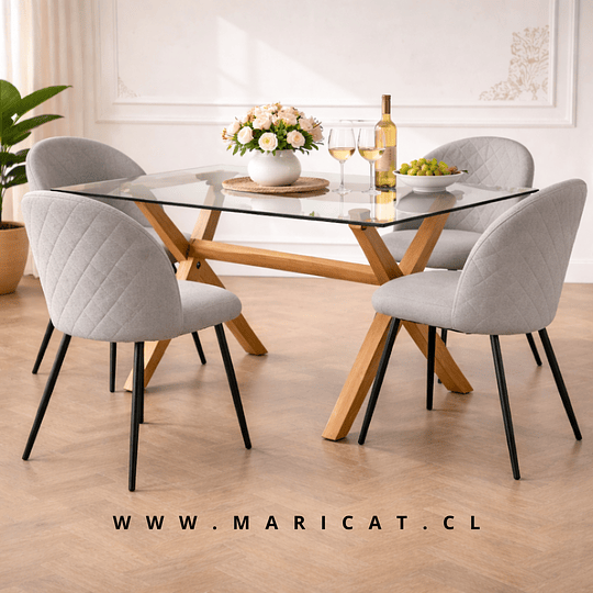 Mesa Rectangular Chile Crossback Madrid de Vidrio y Patas de Metal Color Madera + 4 Silla Tokio Kana Lino Acolchada Black