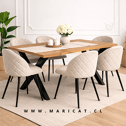 Mesa Industrial de MDF Y Metal Cross 140 × 90 cm + 6 Silla Tokio Kana Lino – Black Beige Claro