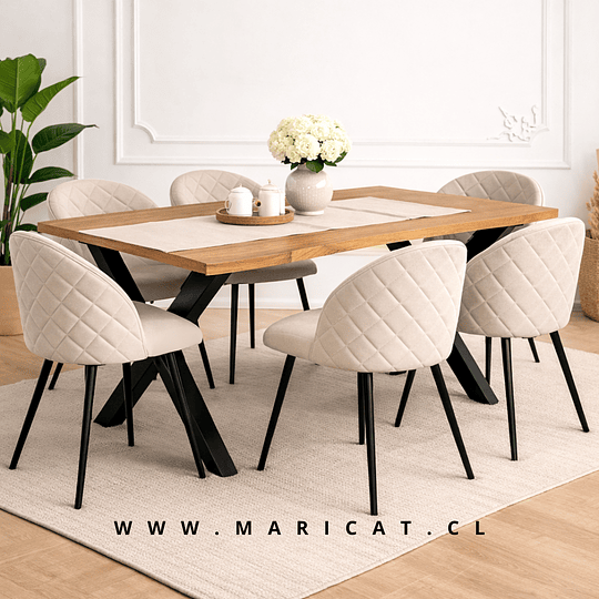 Mesa Industrial de MDF Y Metal Cross 140 × 90 cm + 6 Silla Tokio Kana Lino – Black Beige Claro