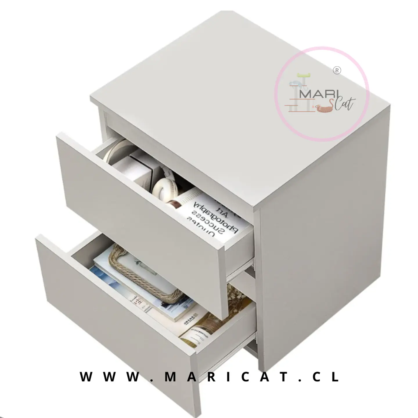 Velador Auxiliar Doble Cajón MDF Blanco Dormitorio Living 4