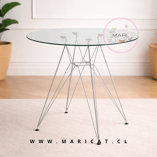 Mesa Eames Eiffel Metálica con Cubierta de Vidrio y Patas Plateadas