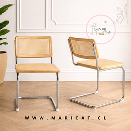Pack de 2 Sillas Breuer de Madera y Ratán con Patas de Acero Plateado