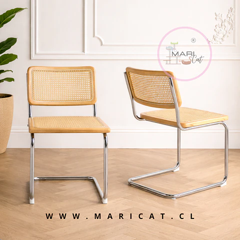 Pack de 2 Sillas Breuer de Madera y Ratán con Patas de Acero Plateado-living comedor 
