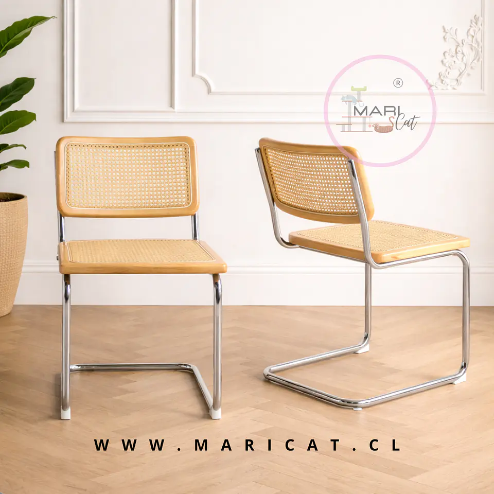 Pack de 2 Sillas Breuer de Madera y Ratán con Patas de Acero Plateado-living comedor  2