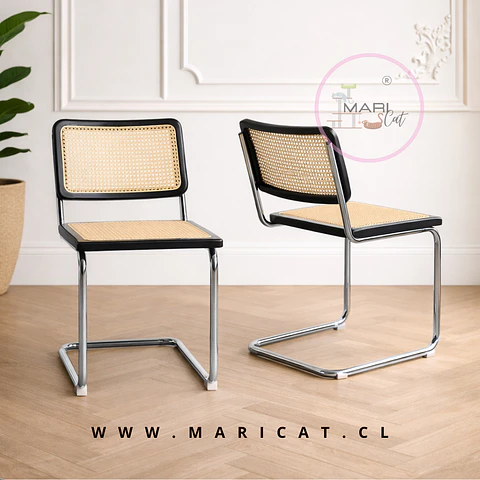 Pack de 2 Sillas Breuer de Madera y Ratán con Patas de Acero Plateado-living comedor 