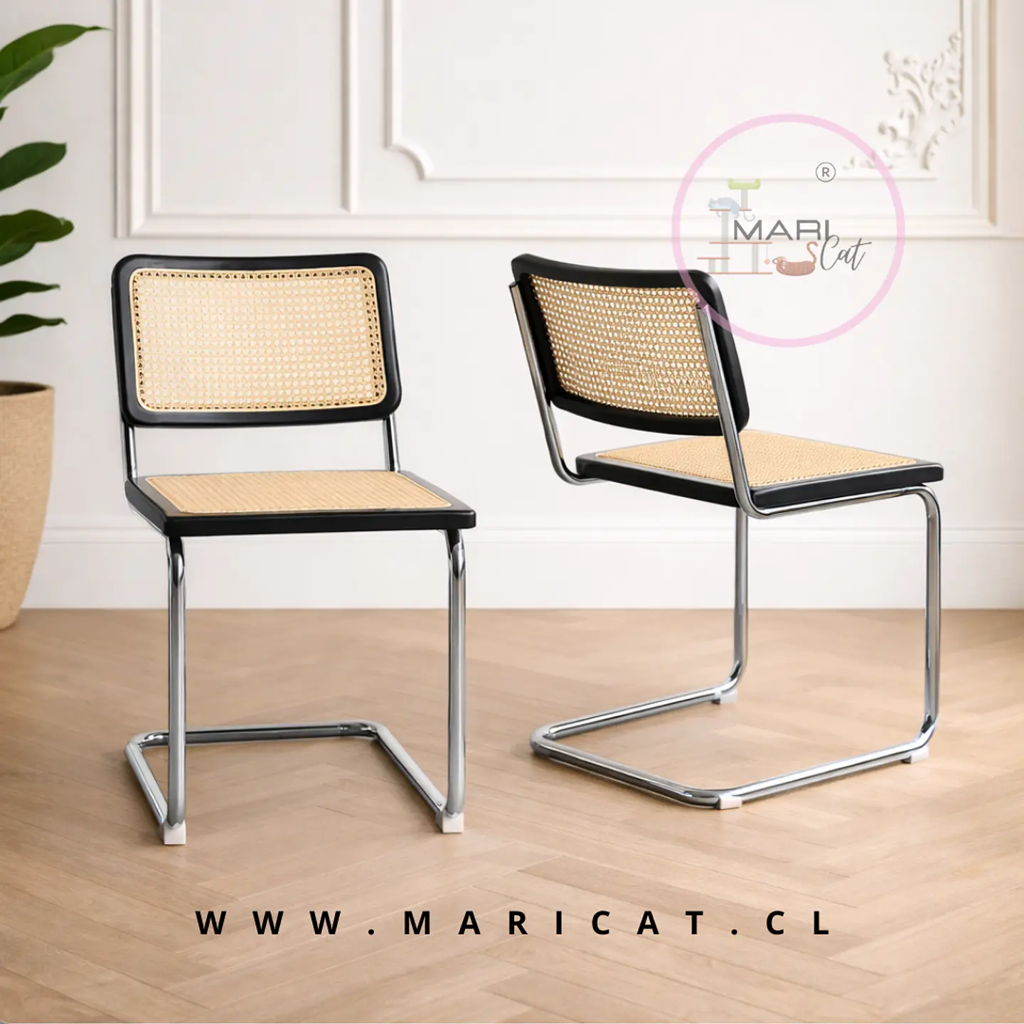 Pack de 2 Sillas Breuer de Madera y Ratán con Patas de Acero Plateado-living comedor  1