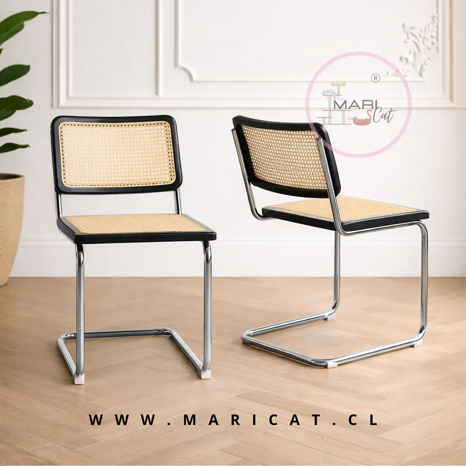 Pack de 2 Sillas Breuer de Madera y Ratán con Patas de Acero Plateado-living comedor  1