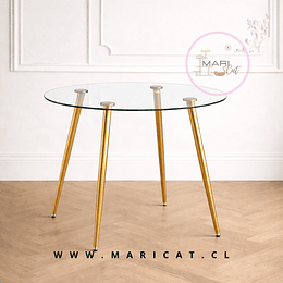 Mesa Redonda Lyon de Vidrio con Patas de Metal Terminación dorado– Gold