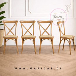 Pack de 4 Sillas Crossback de Madera con Asiento de Ratán Apilables