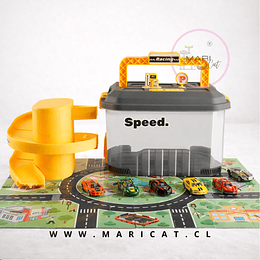 Maleta Pista Garage de Autos con Rampa y 6 Autitos – Set Portátil Infantil +3 years