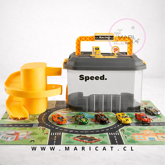 Maleta Pista Garage de Autos con Rampa y 6 Autitos – Set Portátil Infantil +3 years