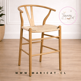 Taburete Wishbone de Madera Natural con Asiento de Hilo de Cuerda
