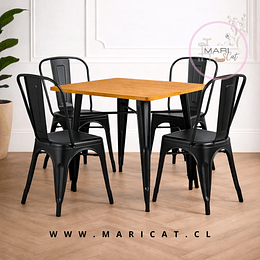Mesa Tolix Negra con Base de Madera + Pack Silla Tolix de Metal Apilable  – Estilo Industrial Terraza