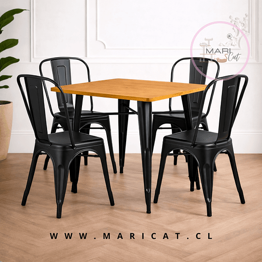 Mesa Tolix Negra con Base de Madera + Pack Silla Tolix de Metal Apilable  – Estilo Industrial Terraza