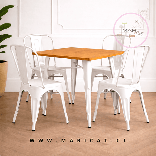 Mesa Tolix Negra con Base de Madera + Pack Silla Tolix de Metal Apilable – Estilo Industrial Terraza