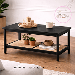 Mesa de Centro Rectangular Black de Dos Niveles con Ratán – Diseño Contemporáneo