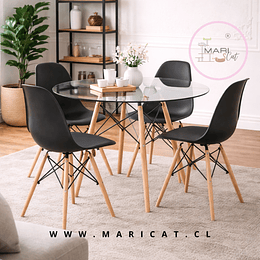 Mesa Eames Redonda 100 cm con 4 Sillas Eames de Polipropileno y Base de Haya
