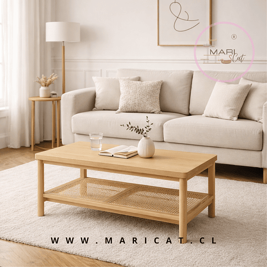 Mesa de Centro Rectangular de MDF con Detalles en Ratán – Madera Natural