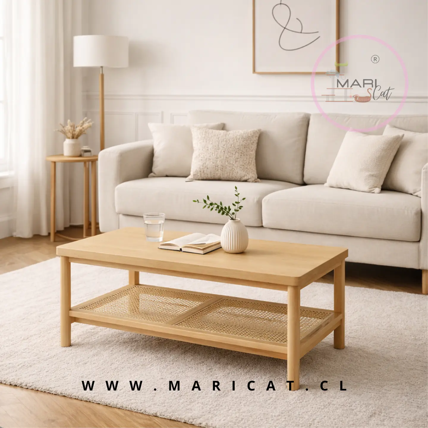 Mesa de Centro Rectangular de MDF con Detalles en Ratán – Madera Natural 1
