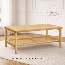 Mesa de Centro Rectangular de MDF con Detalles en Ratán – Madera Natural