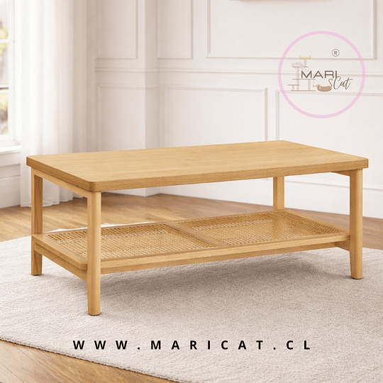Mesa de Centro Rectangular de MDF con Detalles en Ratán – Madera Natural