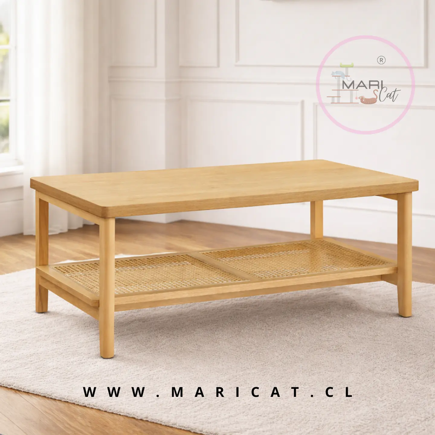 Mesa de Centro Rectangular de MDF con Detalles en Ratán – Madera Natural 3