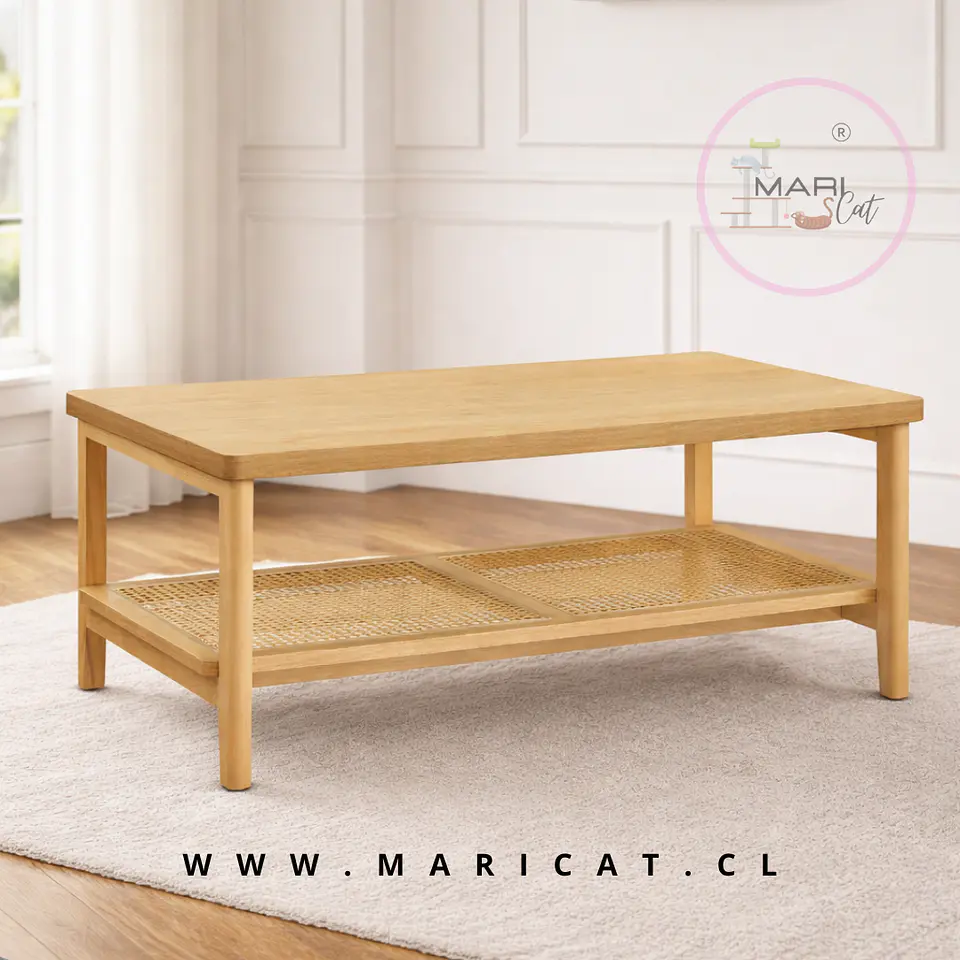 Mesa de Centro Rectangular de MDF con Detalles en Ratán – Madera Natural 3