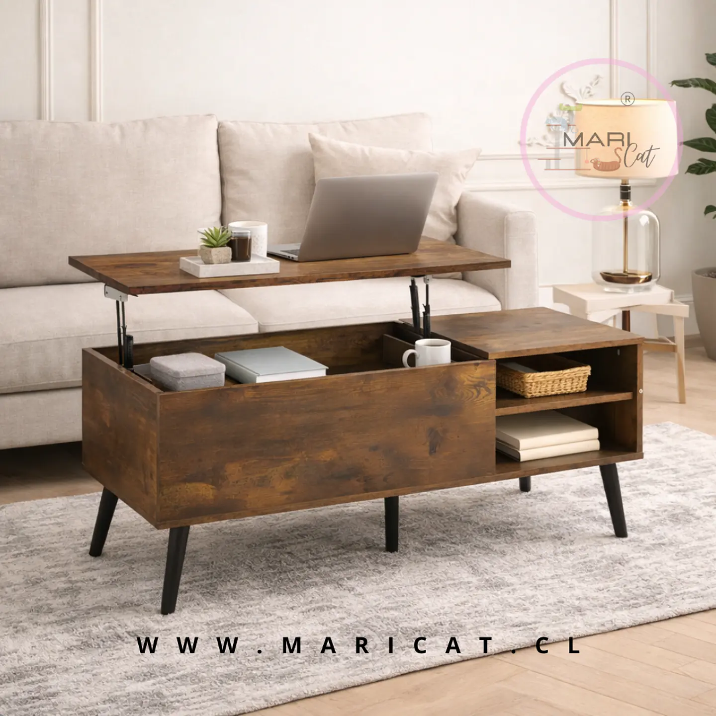 Mesa de Centro Elevable Living Terraza de MDF en Madera Oscura / recepcion oficina living 2