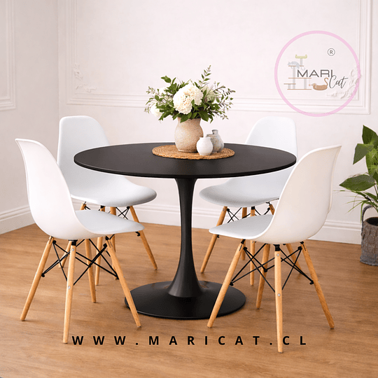 Mesa Tulip Redonda de 100 cm con Base de Acero Inoxidable + 4 Sillas Eames de Polipropileno – Semi Mate