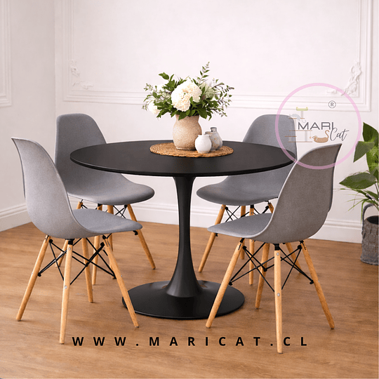 Mesa Tulip Redonda de 100 cm con Base de Acero Inoxidable + 4 Sillas Eames de Polipropileno – Semi Mate