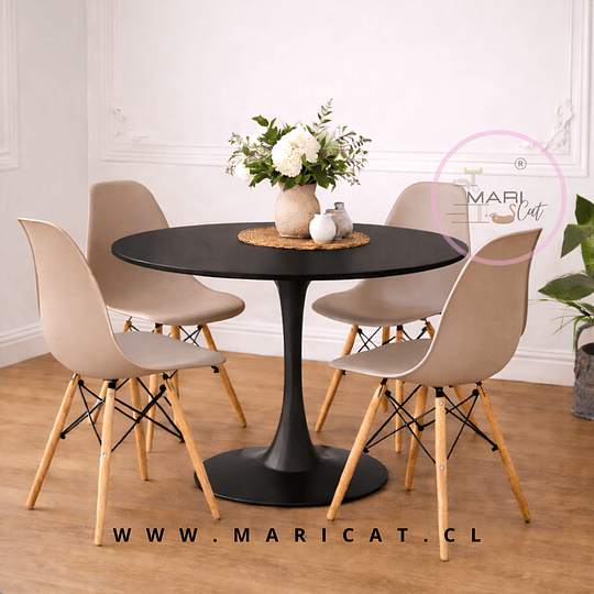 Mesa Tulip Redonda de 100 cm con Base de Acero Inoxidable + 4 Sillas Eames de Polipropileno – Semi Mate