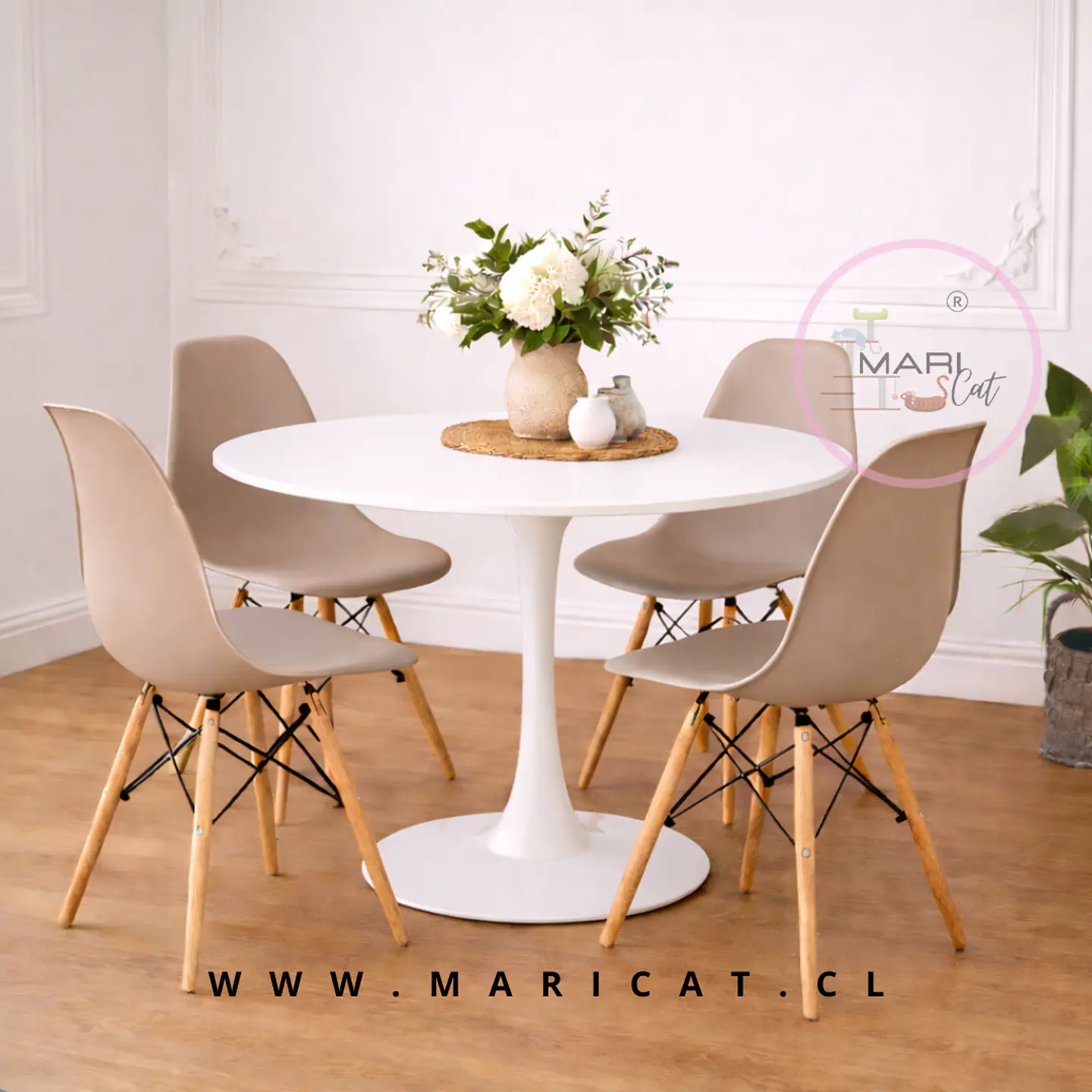 Mesa Tulip Redonda Melamina +4 Sillas Eames – Comedor 100cm 8