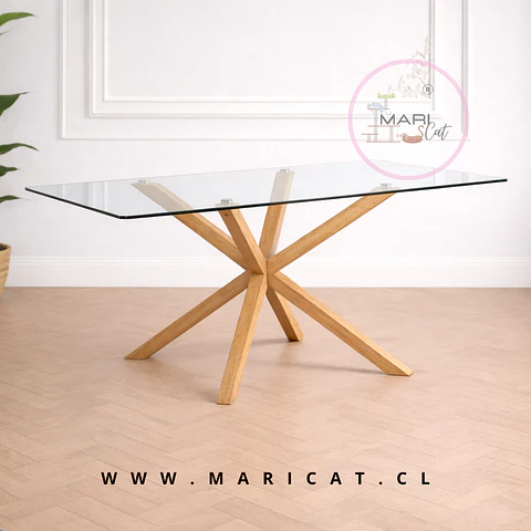Mesa Madrid Rectangular de Vidrio Templado con Patas de Metal Acabado Madera