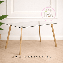 Mesa Rectangular Escandinavia de Vidrio con Patas de Metal Color Madera 140x90