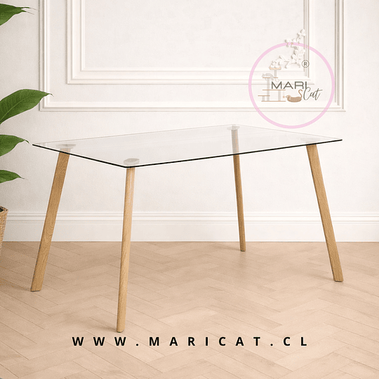Mesa Rectangular Escandinavia de Vidrio con Patas de Metal Color Madera 140x90