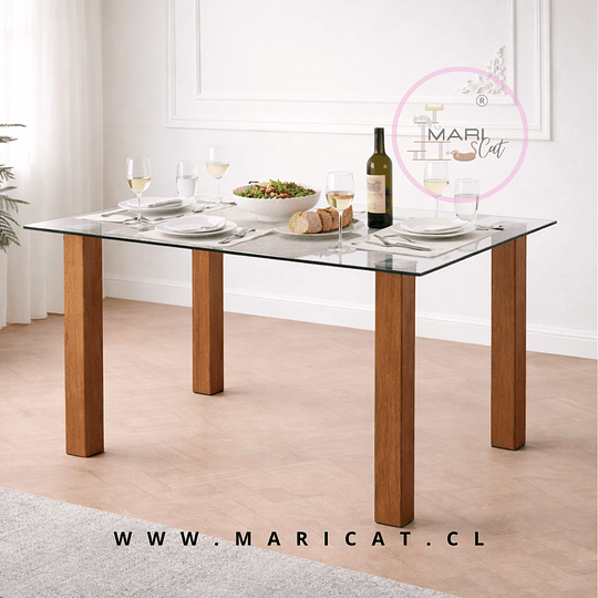 Mesa Rectangular Sylva de Vidrio Templado con Patas de Metal Color Madera 120x80