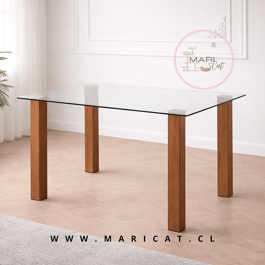 Mesa Rectangular Sylva de Vidrio Templado con Patas de Metal Color Madera 120x80