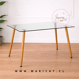 Mesa Rectangular Francia con Cubierta de Vidrio y Patas Metálicas Terminación Madera 120x80