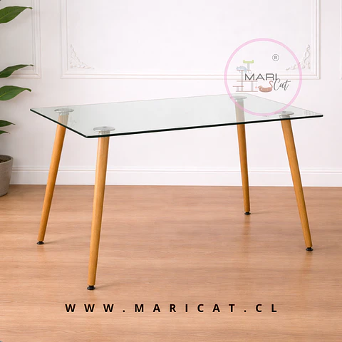 Mesa Rectangular Francia con Cubierta de Vidrio y Patas Metálicas Terminación Madera 130x80