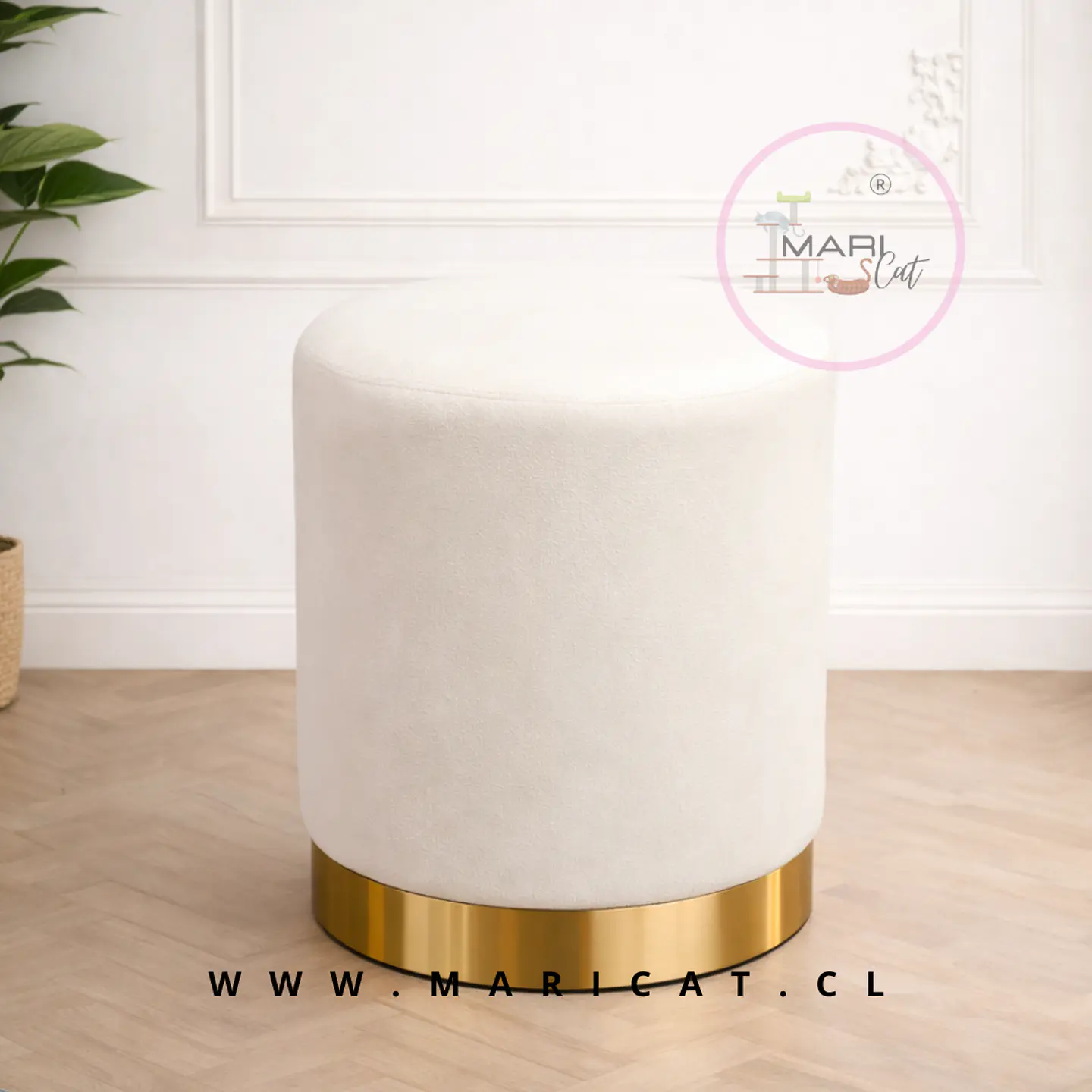 Puff Felpa Blanco con Base Dorada – Decorativo Living 1