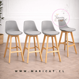 Pack 4 Taburete Tulip con Cojín y Base de Madera Gris- Alto y Bajo