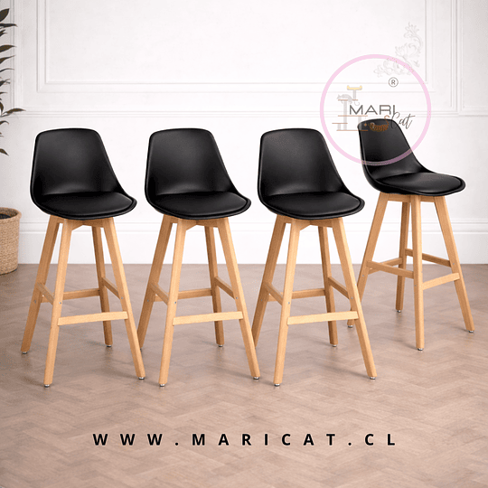 Pack 4 Taburete Tulip con Cojín y Base de Madera Negro- Alto y Bajo