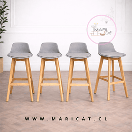 Pack 4 Taburete Tulip de Respaldo Medio con Cojín y Base de Madera Gris -alto y bajo